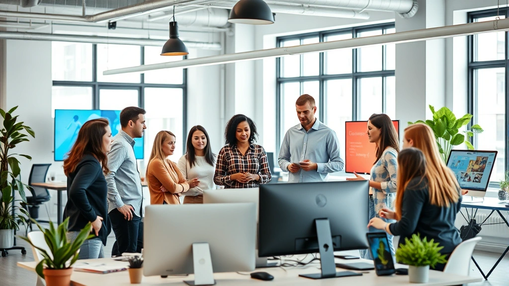 Diverse team of creative professionals collaborating in modern studio space with digital displays, brainstorming session, energetic collaborative atmosphere, bright professional setting