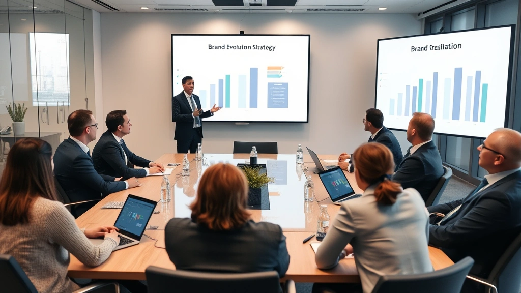 Corporate conference room with executives presenting brand evolution strategy to stakeholders, professional presentation environment, modern business setting with technology integration