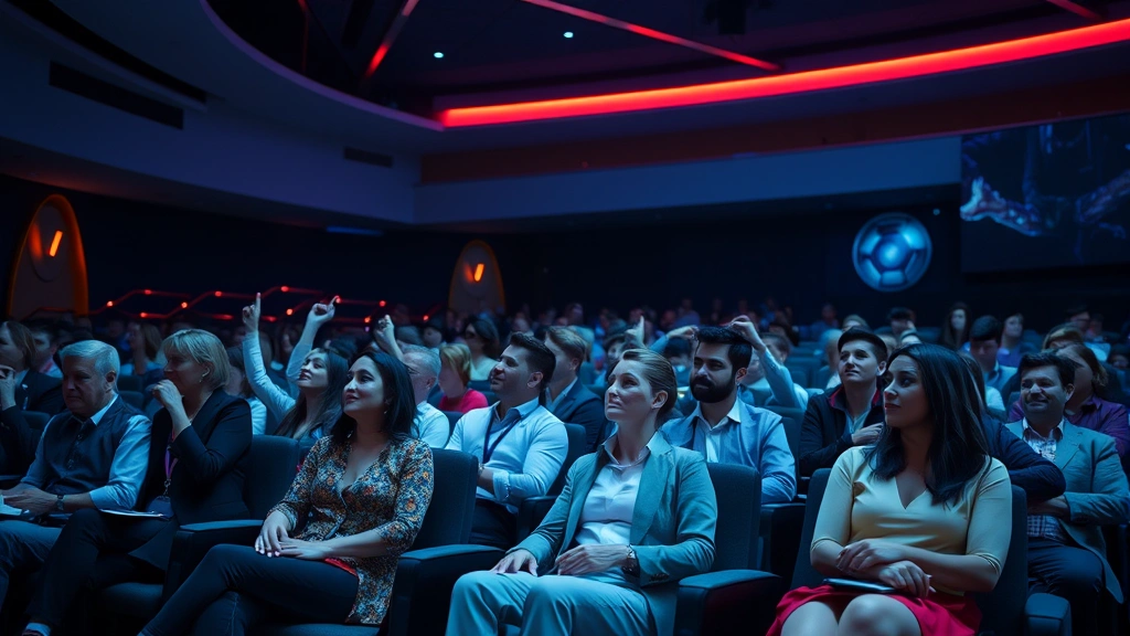 Modern theatre audience seated in futuristic venue with ambient lighting and projection mapping creating immersive environment, sophisticated professionals in casual-elegant attire engaged with performance