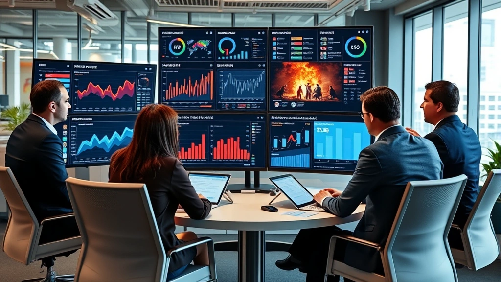 Executive team collaborating in contemporary office space with large monitors displaying analytics dashboards and performance metrics, diverse business professionals reviewing theatrical production data