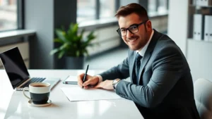 Professional business owner signing legal documents at modern desk with laptop and coffee, confident expression, contemporary office environment with natural lighting