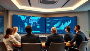 Executive leadership team in modern boardroom reviewing strategic market expansion maps and growth metrics on large display screens, professional attire, collaborative discussion atmosphere