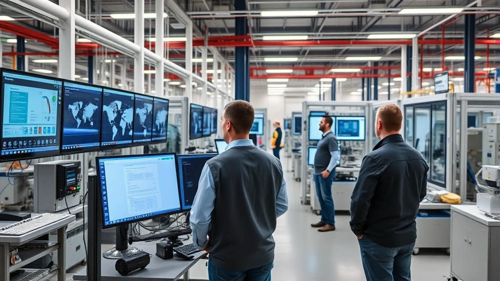 Advanced manufacturing or operations facility with employees monitoring digital dashboards and automation systems, clean industrial environment, technology-focused workflow, professional team coordination