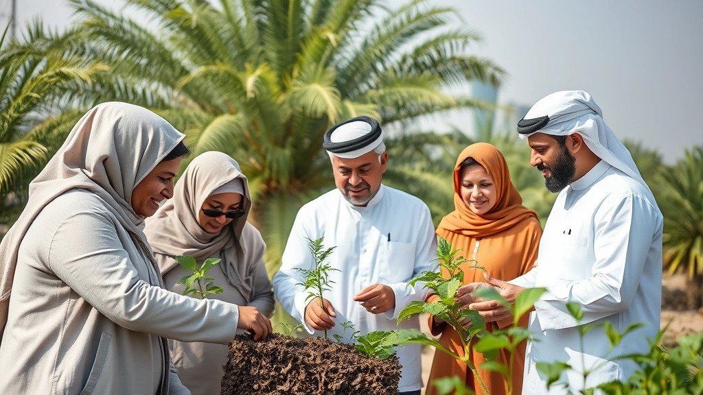 Corporate sustainability initiative showing team members implementing environmental practices, renewable energy infrastructure, or community development project in Gulf region setting, professional and impactful scene