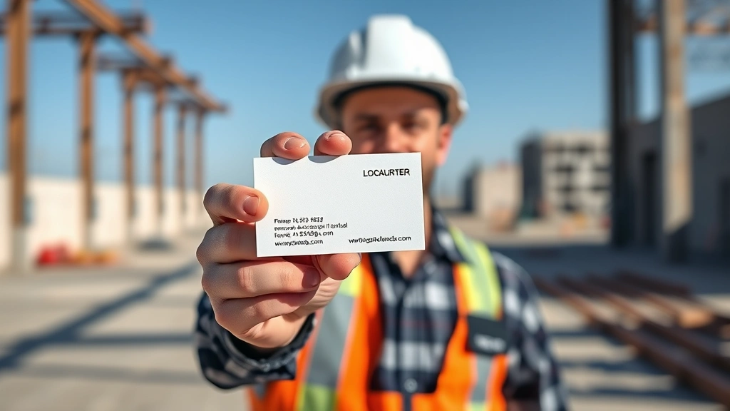 Professional construction company owner in hard hat holding premium thick cardstock business cards on a clean job site, showcasing card quality and durability in natural daylight