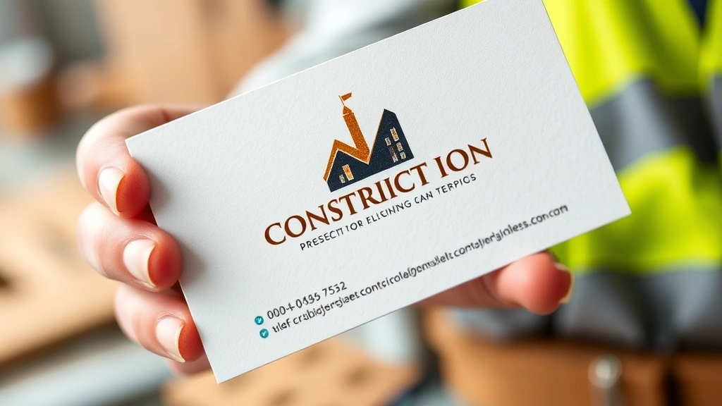 Close-up of a high-quality embossed construction business card with raised logo and metallic foil accents, held by a contractor's hand against blurred construction background