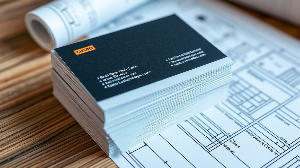 Neatly organized stack of construction business cards in different premium finishes—matte, glossy, textured—displayed on a wooden desk with construction blueprints, showing material variety and professional presentation