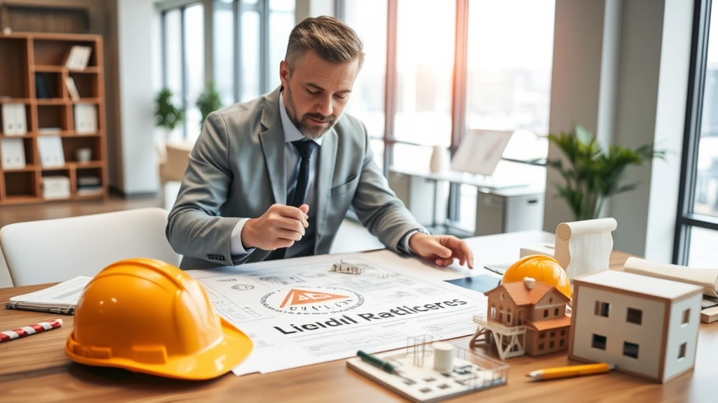 Professional construction company owner reviewing logo designs on desk with blueprints, hard hat, and architectural models in modern office environment
