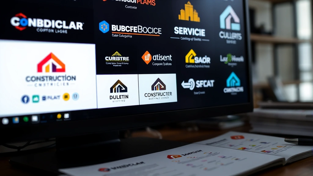 Close-up of various construction logos displayed on computer screen and printed materials, showing different design styles and color palettes