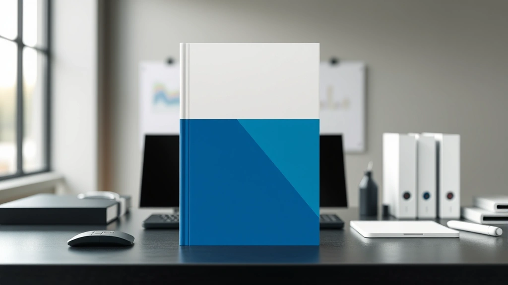 Modern minimalist book cover design featuring geometric shapes and clean typography in blue and white, displayed on a sleek desk with technology products, professional studio lighting, shallow depth of field, photorealistic detail