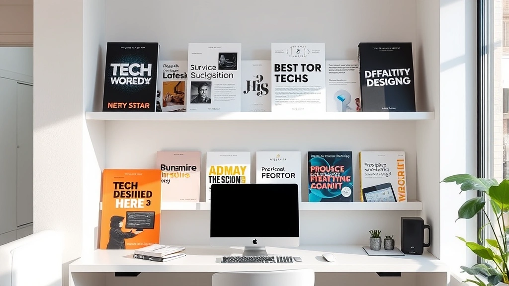 Contemporary workspace with multiple tech-focused book covers displayed on white shelving, showing diverse design approaches from minimalist to bold typography, natural window lighting, clean modern interior design aesthetic