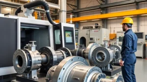 Industrial pump manufacturing facility with precision CNC machining equipment, engineers in hard hats examining large metal pump components, clean manufacturing environment with quality control signage, professional corporate setting