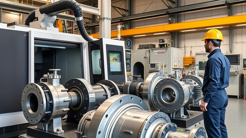 Industrial pump manufacturing facility with precision CNC machining equipment, engineers in hard hats examining large metal pump components, clean manufacturing environment with quality control signage, professional corporate setting