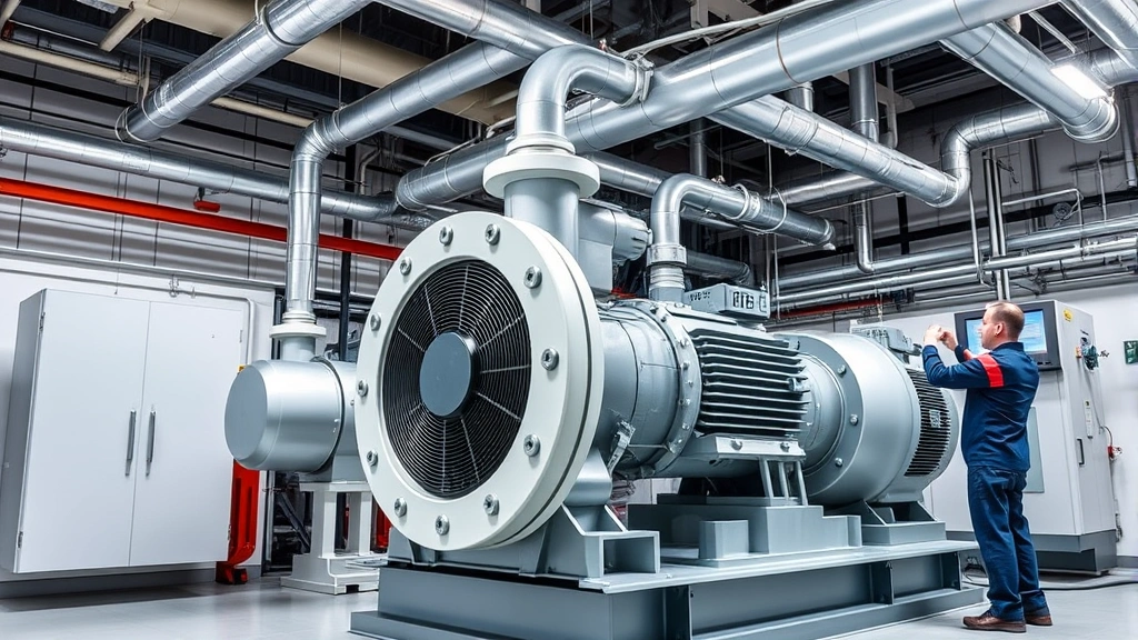 Modern industrial pump system installation in commercial building mechanical room, technicians performing maintenance on large centrifugal pump, digital monitoring dashboard visible, professional HVAC infrastructure context