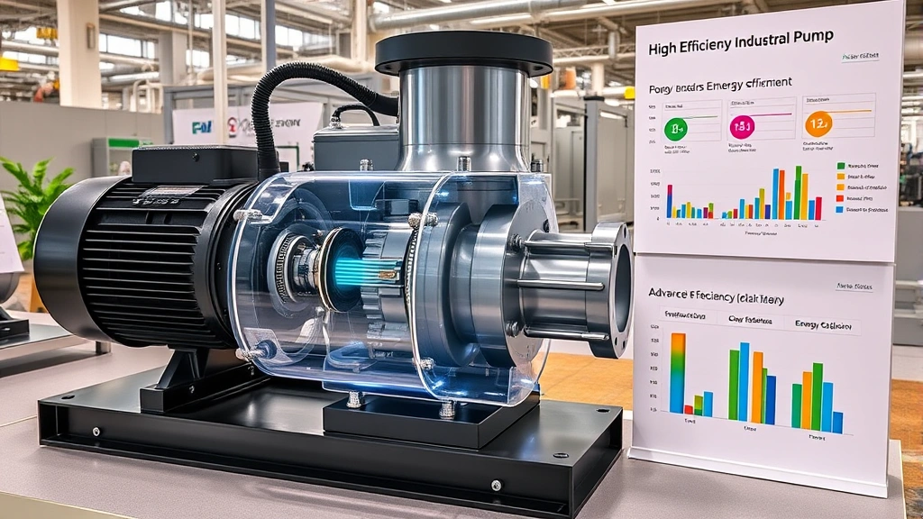 Sustainability-focused industrial equipment display, high-efficiency pump system cross-section showing advanced internal design, energy efficiency comparison charts displayed, modern manufacturing innovation showcase