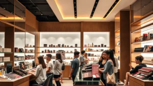 Luxury cosmetics retail store interior with professional makeup counter, warm lighting, diverse customers receiving beauty consultations, premium product displays with organized arrangement by color and category, modern minimalist design with natural materials