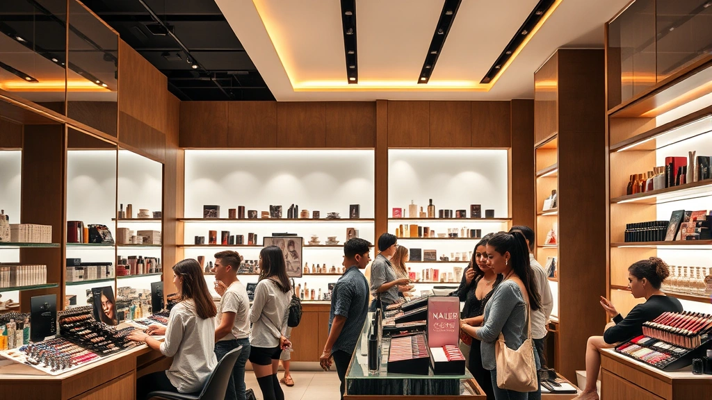 Luxury cosmetics retail store interior with professional makeup counter, warm lighting, diverse customers receiving beauty consultations, premium product displays with organized arrangement by color and category, modern minimalist design with natural materials