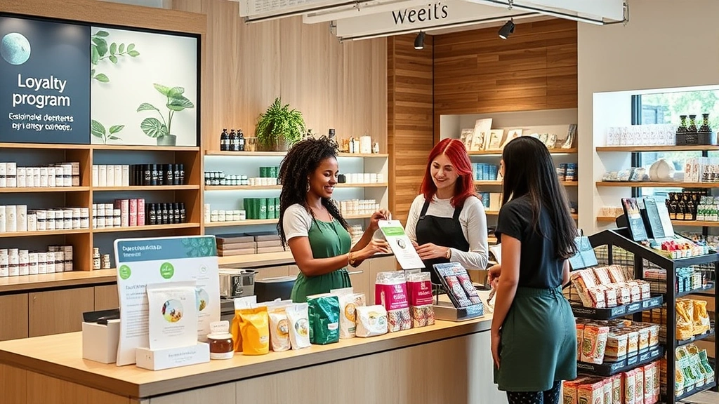 Modern cosmetics store checkout area with loyalty program signage, sustainable packaging displays, diverse team member assisting customer, organized impulse-buy items, professional retail space, natural lighting, contemporary design elements, eco-friendly materials visible