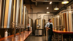 Professional brewery interior with stainless steel fermentation tanks, warm lighting, wooden bar counter, craft beer taps, and brewers in aprons working efficiently in modern facility