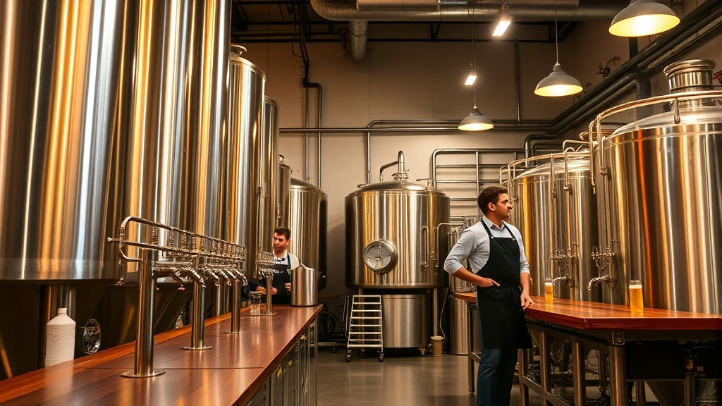 Professional brewery interior with stainless steel fermentation tanks, warm lighting, wooden bar counter, craft beer taps, and brewers in aprons working efficiently in modern facility