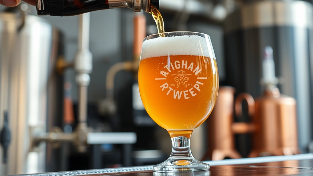 Close-up of golden and amber craft beer being poured into branded glassware with foam head, professional bar setting, blurred brewery background with copper equipment