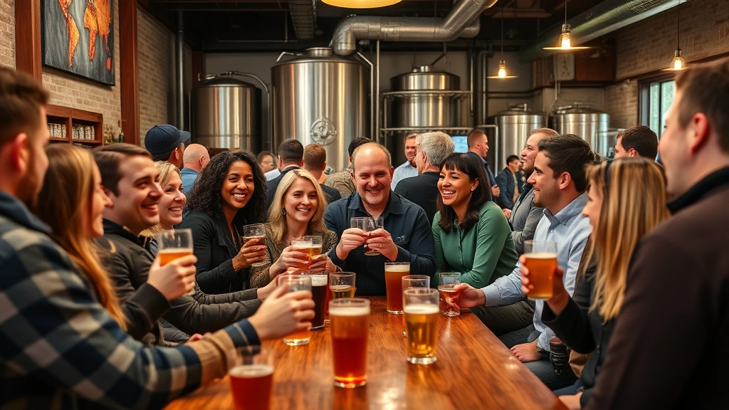 Community gathering at brewery taproom with diverse customers socializing, smiling, holding beer glasses, warm ambiance, wooden tables, casual celebration atmosphere, professional photography