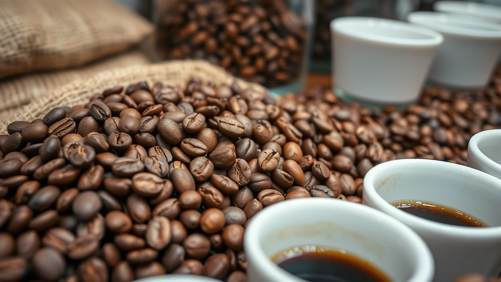 Close-up of freshly roasted coffee beans with rich brown color, visible crema residue, beans in burlap sacks and glass containers, professional coffee cupping setup with white cups, tasting notes visible, specialty coffee laboratory environment