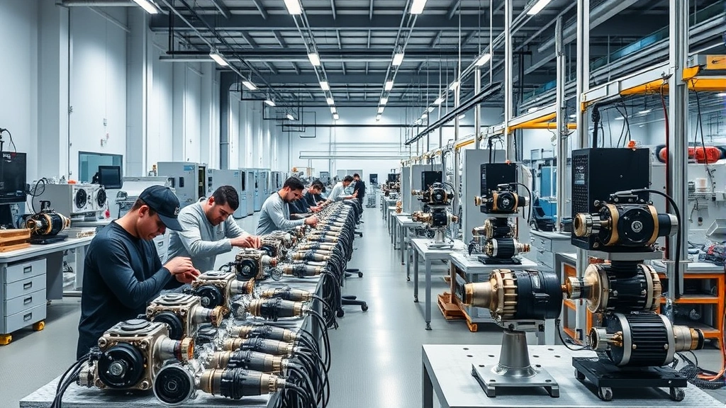 Modern manufacturing facility interior with skilled technicians assembling diving regulators and equipment at precision workstations, quality control testing equipment visible, professional clean manufacturing environment
