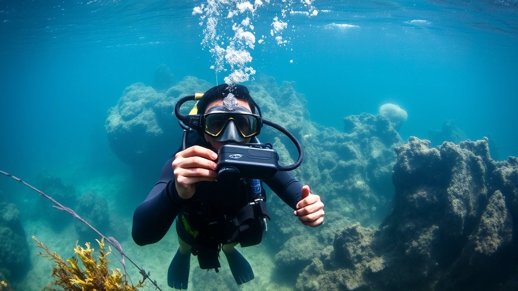 Underwater exploration scene featuring advanced diving equipment in action, diver using professional-grade regulator and computer during deep dive with rocky formations and marine vegetation, clear water visibility, technical diving context