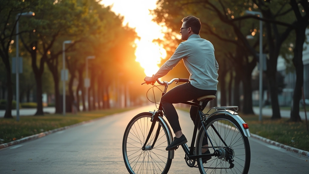 Professional cyclist riding a vintage-style cruiser bike on a tree-lined urban path at golden hour, showcasing comfort riding position and relaxed lifestyle aesthetic, photorealistic corporate setting
