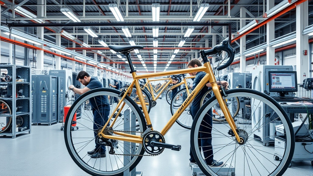 Modern bicycle manufacturing facility with workers assembling premium cruiser frames using advanced machinery and quality control processes, industrial precision environment