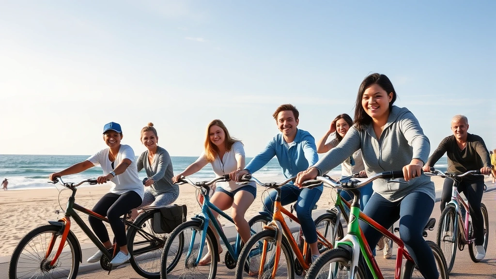 Diverse group of professionals on casual cruiser bikes at a beachside location during corporate team building event, emphasizing wellness and work-life balance culture