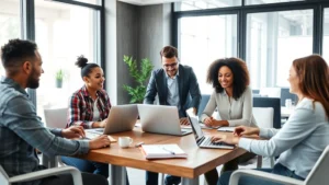 Professional diverse team in modern office collaborating around a wooden table with laptops and notebooks, natural lighting from large windows, engaged discussion atmosphere, contemporary business setting