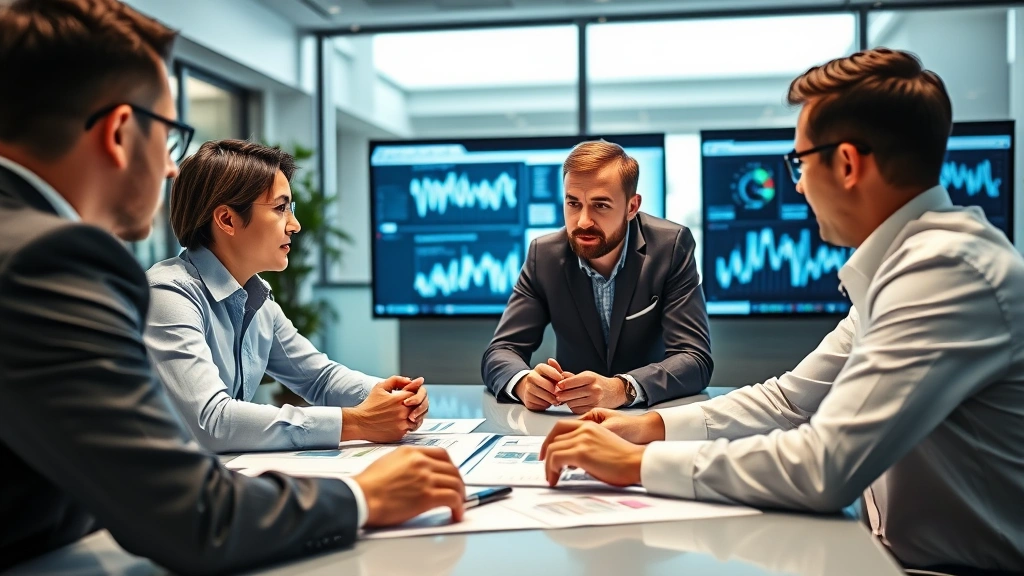 Executive leadership team in conference room reviewing data on large screens, serious focused expressions, collaborative problem-solving environment, modern corporate office space