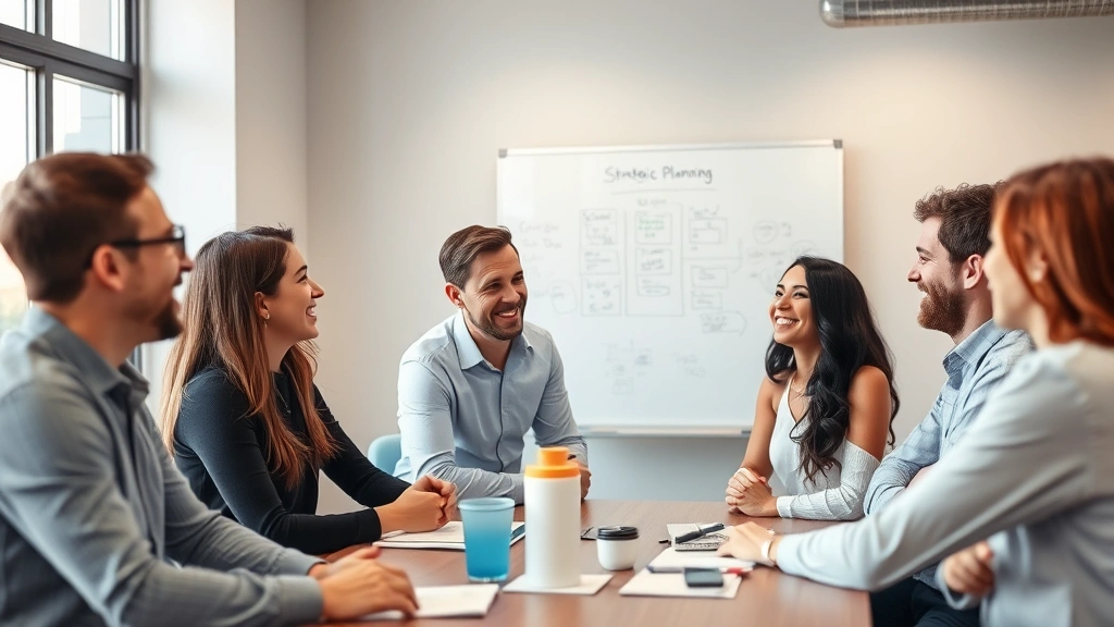 Employees from different departments in casual meeting space sharing ideas, whiteboard with strategic planning visible in soft focus background, diverse group smiling and engaged in discussion