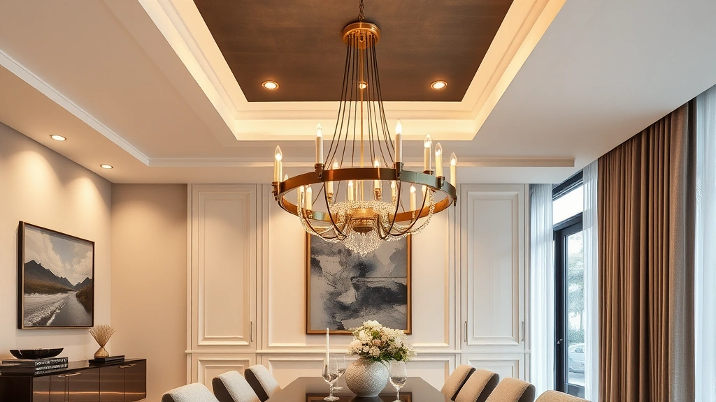 Elegant modern chandelier with brass accents hanging in a sophisticated contemporary dining room with neutral tones, warm ambient lighting reflecting off polished surfaces, high-end interior design aesthetic