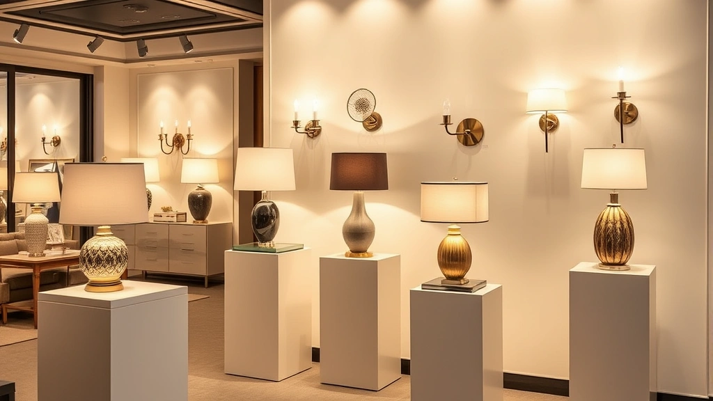 Luxury home interior showroom displaying premium table lamps and wall sconces on elegant display pedestals, warm gallery lighting, curated product presentation with neutral background, professional retail environment