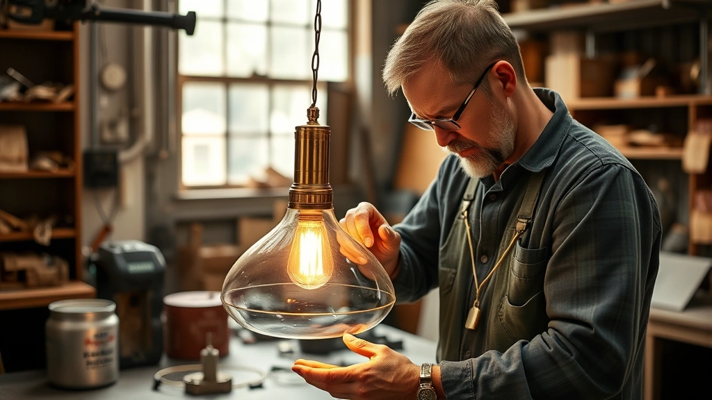 Artisan craftsperson hand-finishing a brass lighting fixture in a well-equipped workshop with natural daylight, detailed metalwork visible, premium manufacturing environment, skilled labor focus