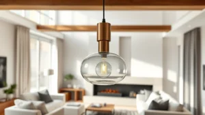 Modern minimalist pendant light fixture with brushed brass details and frosted glass diffuser, hanging in contemporary living room with neutral tones and natural light streaming through windows, professional interior photography