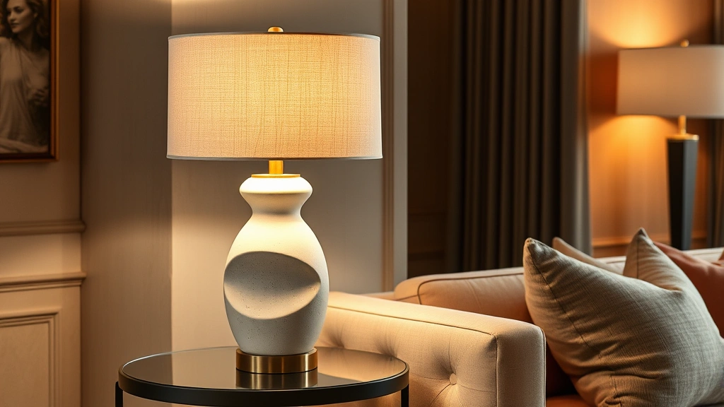 Architectural table lamp with sculptural ceramic base and linen shade on designer side table, beside comfortable seating in professionally styled interior space, warm color temperature creating intimate atmosphere
