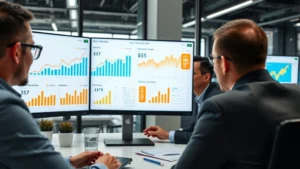 Professional business executives in modern office setting reviewing curry market growth charts and financial dashboards on multiple screens, collaborative atmosphere