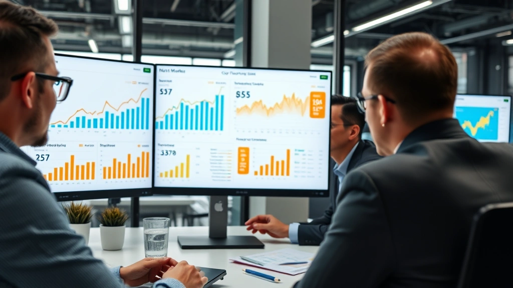 Professional business executives in modern office setting reviewing curry market growth charts and financial dashboards on multiple screens, collaborative atmosphere