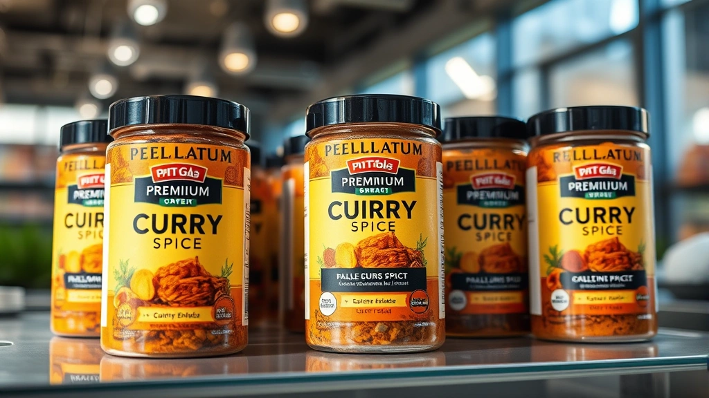 Close-up of premium curry spice products with natural lighting in contemporary retail display, showing brand packaging and authentic ingredient presentation