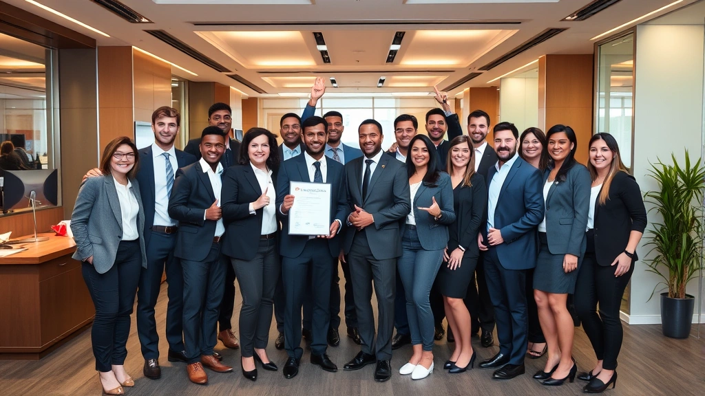 Diverse team of business professionals in corporate attire celebrating growth milestone achievements in upscale office environment with achievement recognition visible