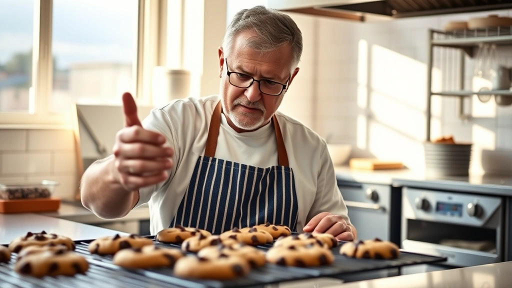 Professional male baker in his fifties wearing apron, examining freshly baked chocolate chip cookies on cooling rack in bright commercial kitchen, natural sunlight, warm lighting, professional food photography