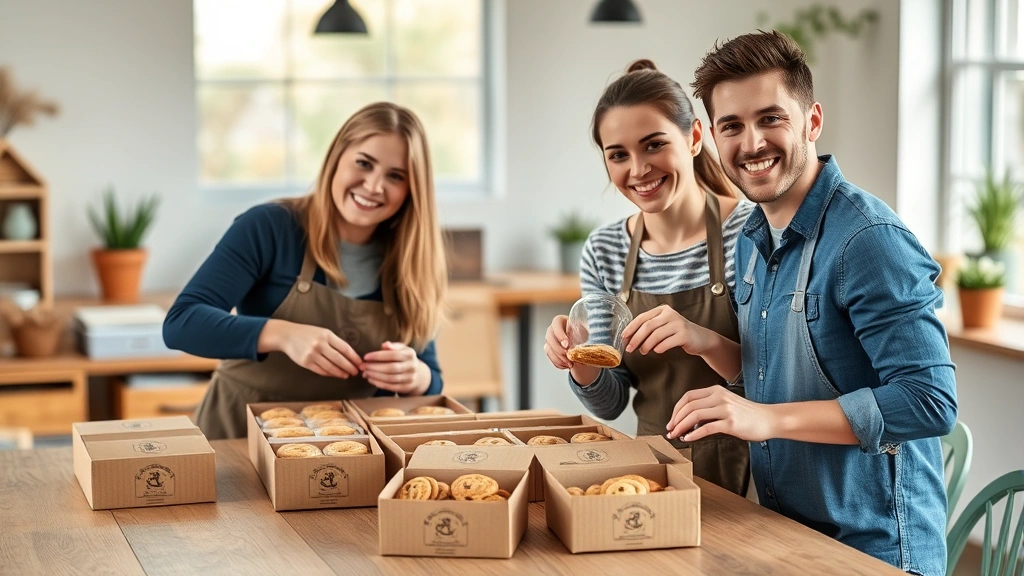 Young family business team members packaging artisanal cookies in branded boxes at wooden table, genuine smiles, natural lighting, modern rustic aesthetic, professional casual attire