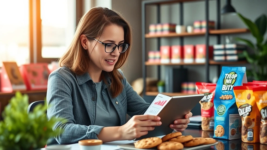 Owner reviewing sales analytics and business metrics on tablet at desk surrounded by cookie products, modern office environment, warm professional lighting, focused expression