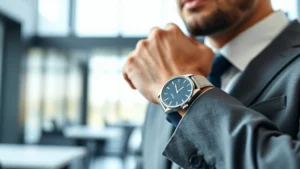 Professional businessman wearing stainless steel watch in corporate office setting, natural lighting, close-up on wrist detail, sophisticated business attire