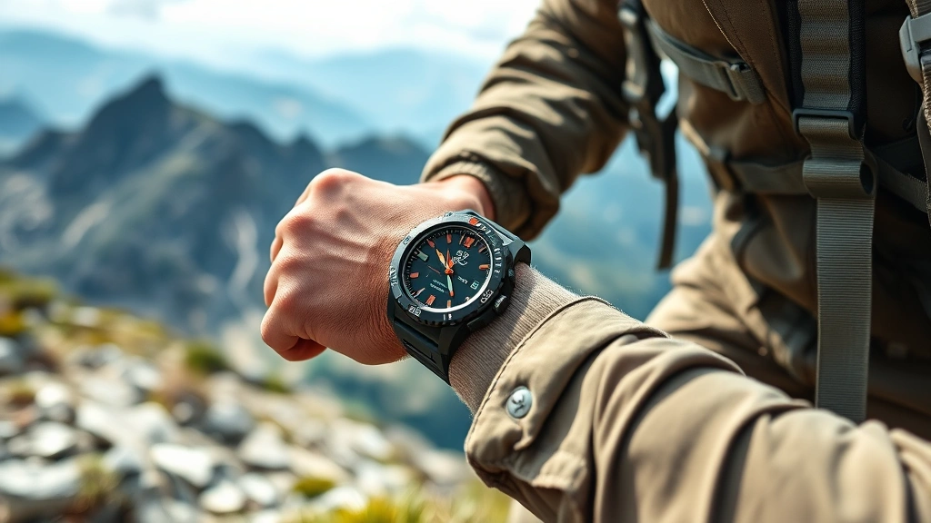 Rugged outdoor enthusiast wearing durable sport watch during mountain hiking expedition, natural landscape background, action shot showing watch durability