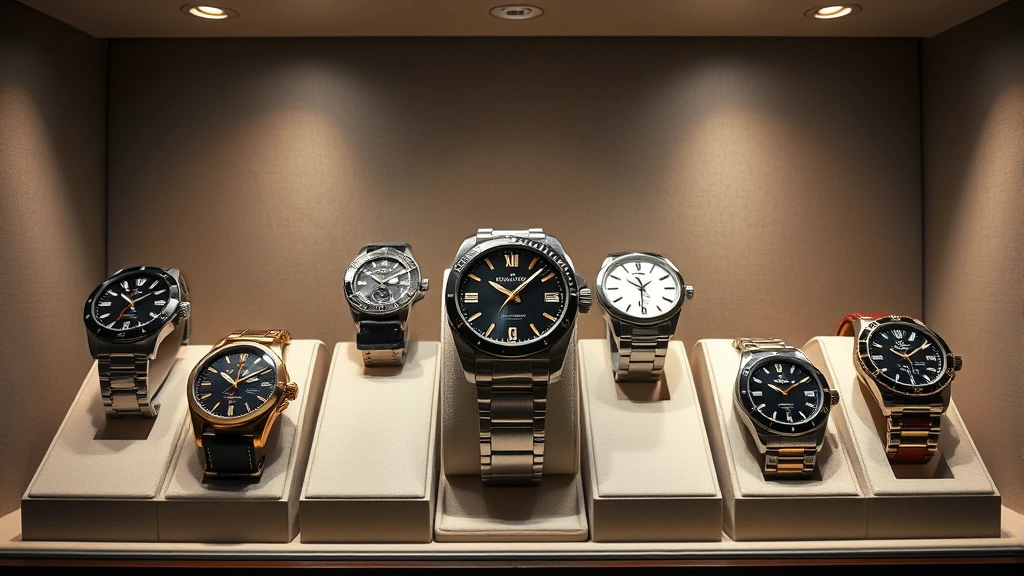Luxury watch display case with multiple Dakota timepiece models arranged professionally, soft studio lighting, premium presentation showing craftsmanship details